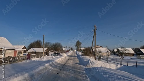 landscapes and road, Winter frosty snowy day 