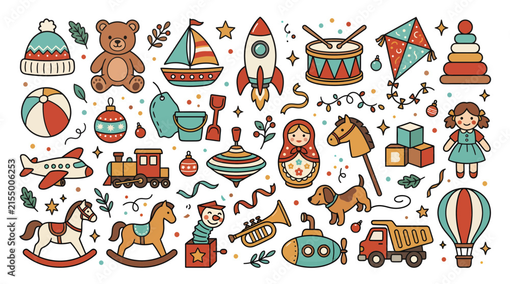 Naklejka premium Collection of hand drawn colorful kids toys and objects doodle set.