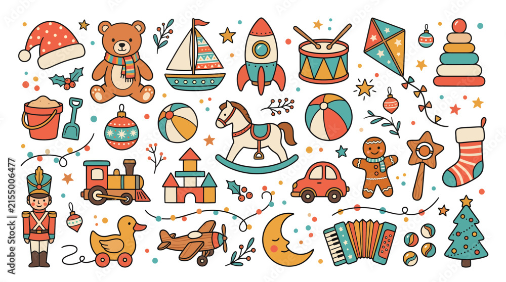 Fototapeta premium Set of cute Christmas themed children toys hand drawn vector illustration.