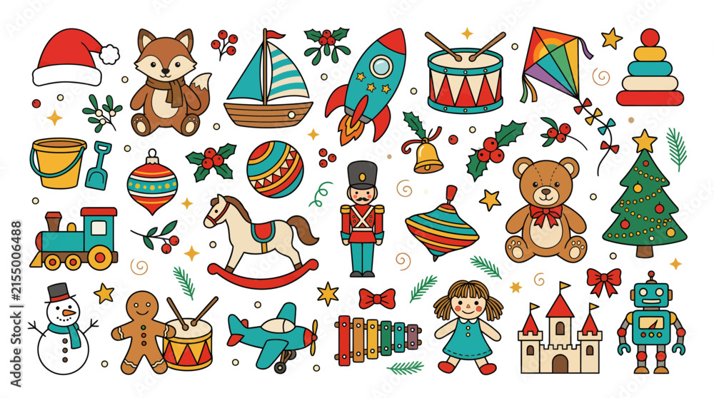 Fototapeta premium Set of cute Christmas holiday toys and objects illustration.