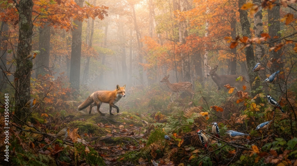 Naklejka premium Autumn forest scene with fox, deer, and various birds in misty sunlight