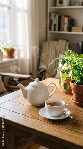 A steaming cup of tea sits beside a white teapot on a rustic wooden table, surrounded by houseplants and books, creating a cozy and inviting atmosphere of tranquility.