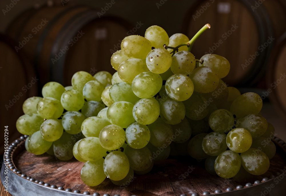 Fototapeta premium Fresh green grapes with water droplets on a rustic wooden barrel top, winery and winemaking