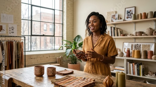 Artisan woman presenting handcrafted textiles and pottery in her studio