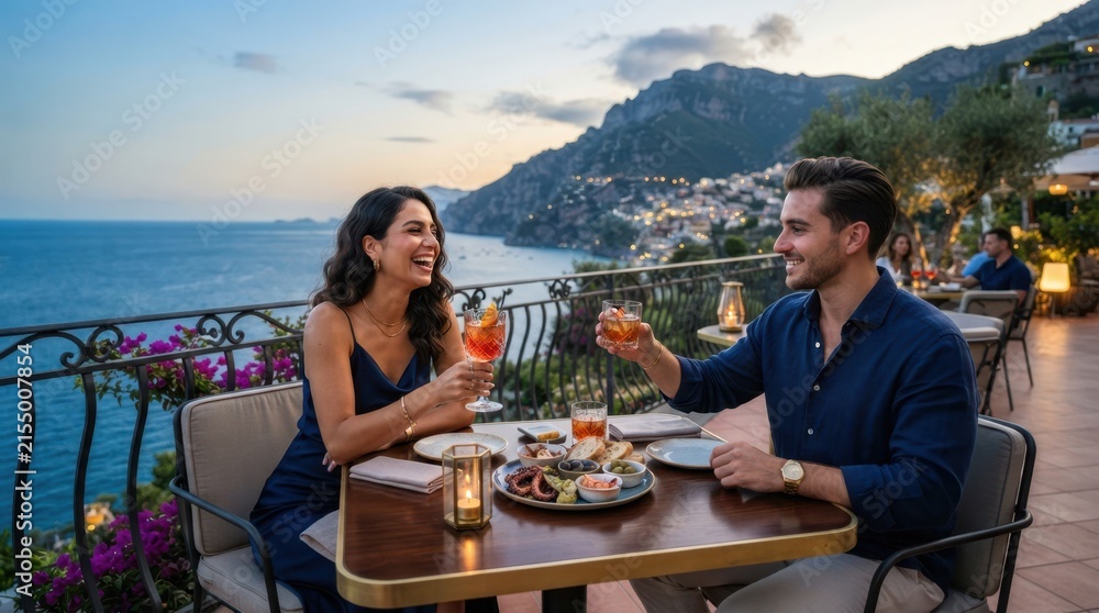 Fototapeta premium Couple enjoys romantic dinner with stunning coastal view at sunset