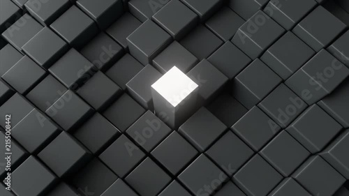 A single bright white cube illuminated at the center of a dense field of dark gray 3D cubes black