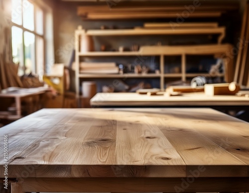 rustic wooden workbench with blurred carpenter workshop background