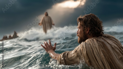 Peter sinking in the Sea of Galilee as he reaches out to Jesus walking on the water.