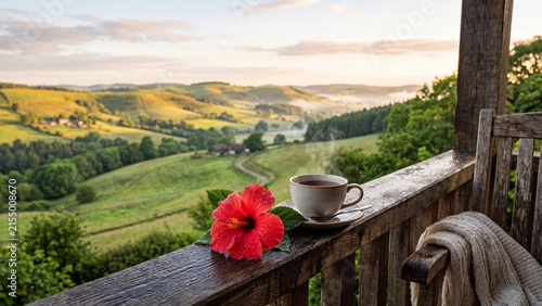 Buenos días coffee cup on a wooden balcony rail over green rolling hills