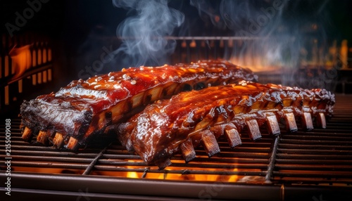 close up of juicy bbq ribs in a smoker