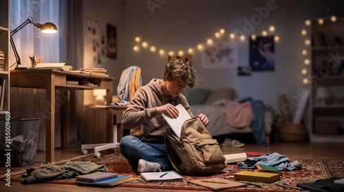 A focused young student unpacking a backpack filled with books and supplies in a cozy, warmly lit bedroom, surrounded by scattered notes and personal touches.