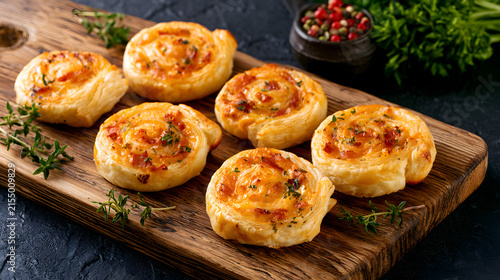 Dark backgrounds featured rustic wooden boards, pinwheels of crispy bacon and melty cheese arranged on them, garnished with fresh herbs and a scattering of vibrant peppercorns