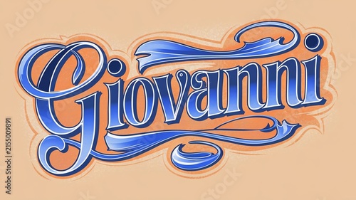 A beautifully rendered graphic design features the name Giovanni in a stylized, flowing script with blue and orange accents on a soft peach background.
