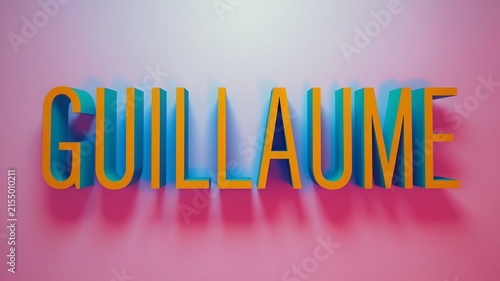 3D text of the name GUILLAUME rendered in a striking yellow and blue color palette with subtle lighting and shadows on a soft pink background.