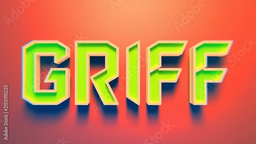 Bold 3D typography spelling out GRIFF with a vibrant lime green outline and a soft yellow shadow, set against a warm, gradient red and orange background.