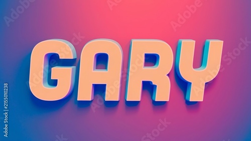 GARY is displayed in a vibrant, 3D, neon-like font, set against a gradient background of pink and blue hues, creating a retro, energetic aesthetic.
