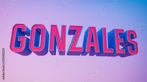 3D Text GONZALES with bold pink letters and a blue outline, set against a soft, gradient background of purple and pink.