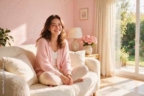 Young woman smiling and sitting comfortably in a cozy living room  