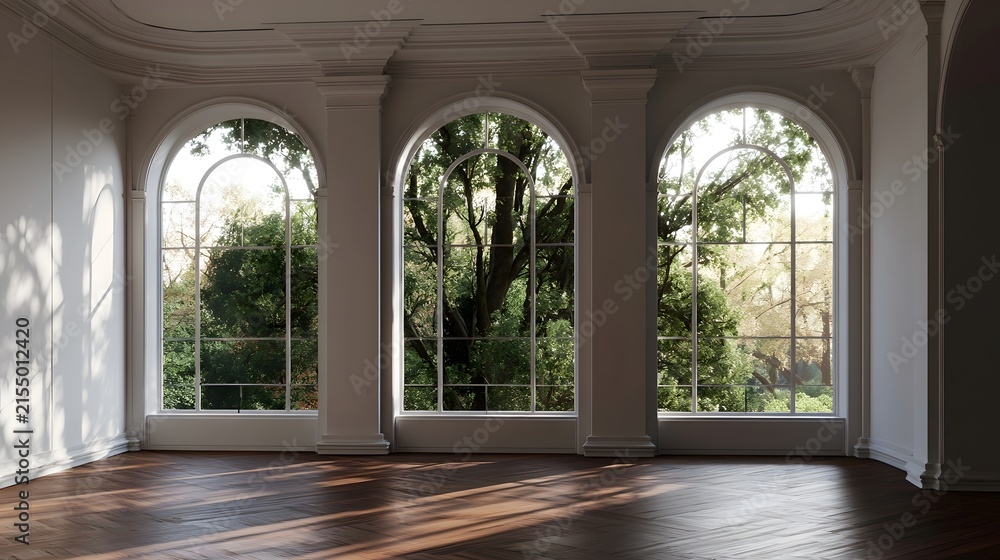 Fototapeta premium Elegant arched frame lush green trees through a sunlit empty room with polished wooden floors and white walls