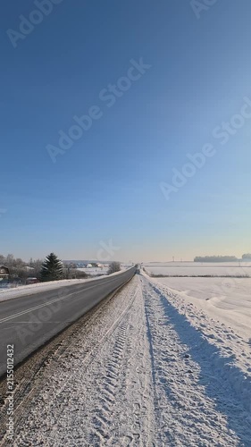 landscapes and road, Winter frosty snowy day 