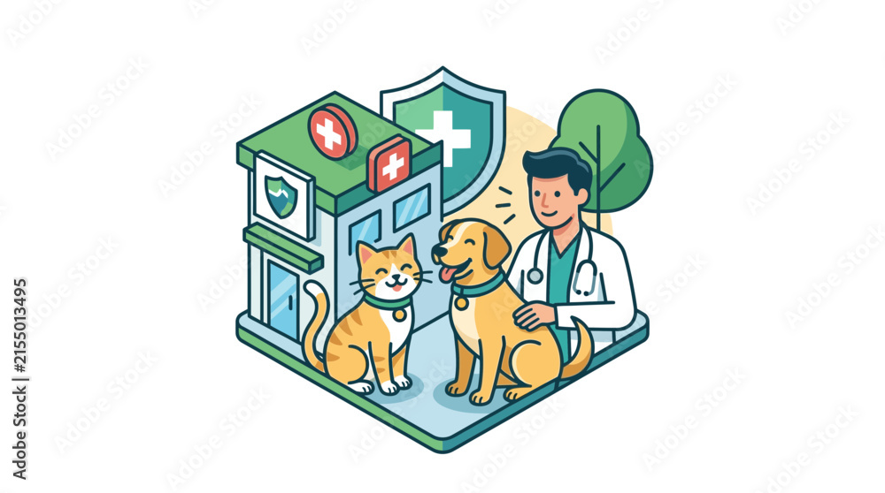 Fototapeta premium Veterinarian with dog and cat at pet clinic building.