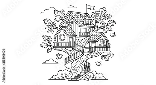 фотографія Detailed treehouse illustration with surrounding foliage and birds is a black si