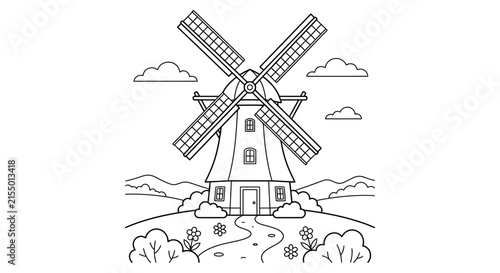 Detailed windmill drawing with clouds and floral elements black and white silhouette