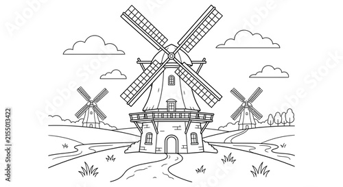 Dutch windmills and rolling hills are depicted in a black line silhouette