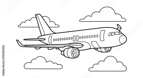 Commercial airplane with clouds depicted as a black silhouette aircraft