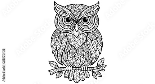 Intricate owl perched on a branch is depicted as a black silhouette