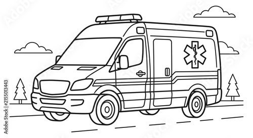 An ambulance vehicle is depicted as a black and white line drawing silhouette