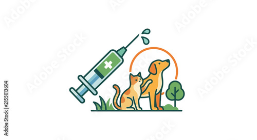 Syringe dripping medicine over dog and cat illustration.