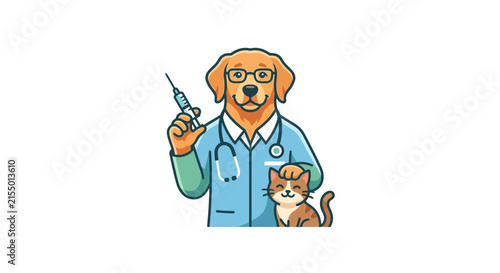 Dog veterinarian character holding syringe next to a cat.
