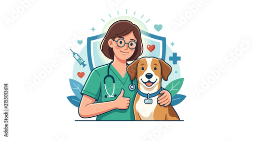 Female veterinarian hugging dog with medical icons background.