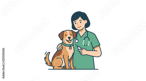Female vet holding medicine bottle next to dog