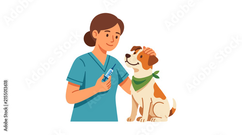 Female veterinarian checking a golden retriever with bandana.