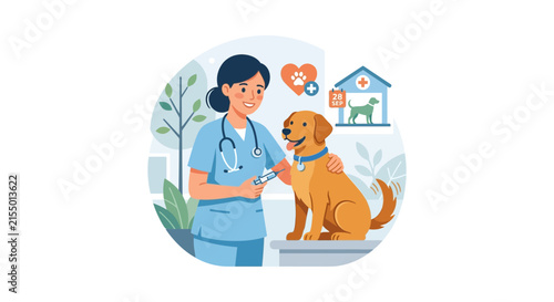 Veterinarian giving a vaccine injection to a clinic dog.