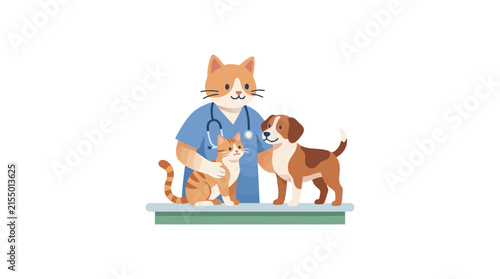 Vet doctor holding cat and puppy in pet clinic.