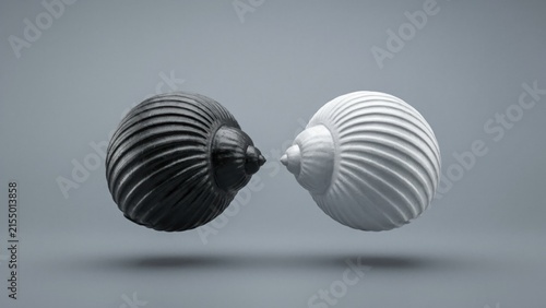 Floating black and white seashells facing each other representing balance harmony and duality concept minimalist studio with smooth grey background