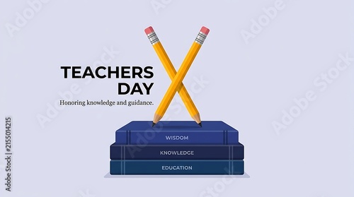 Minimalist creative graphic design for teacher day celebration with yellow pencils and blue books on background