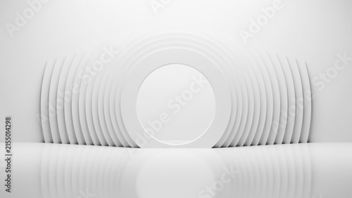Minimalist white concentric circular archways creating abstract geometric depth within clean modern architectural studio interior space with arranged symmetrically reflective