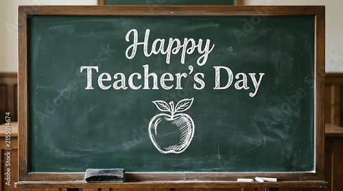 A vintage classroom chalkboard with the text happy teacher day written in white chalk and an apple icon