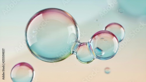 Iridescent floating soap bubbles merging together against soft pastel gradient background with showcases translucent iridescent together weightless environment
