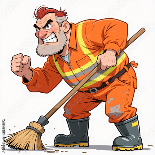 A determined middle-aged street cleaner with a squinty face and comically receding hairline leans forward with fists clenched, ready to sweep the street into order.