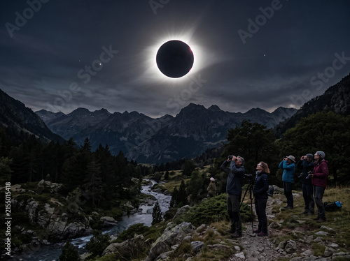 Eclipse de soleil, avec vue sur un paysage de montagne