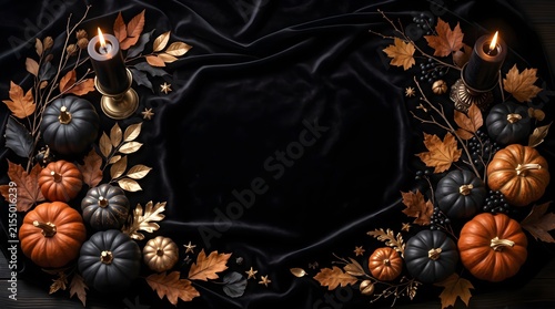 Luxe Halloween Frame on Black Velvet with Pumpkins and Gold Accents