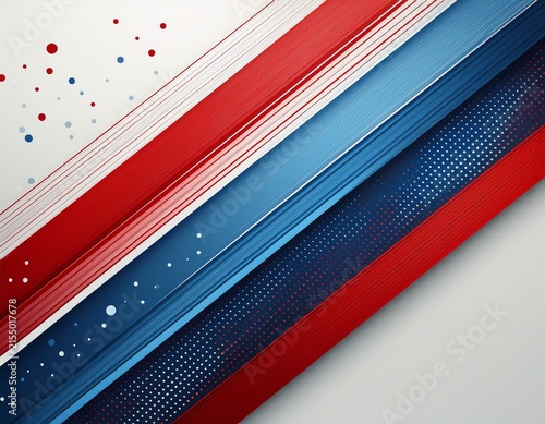 abstract design features diagonal red and blue stripes with white background and subtle dot pattern