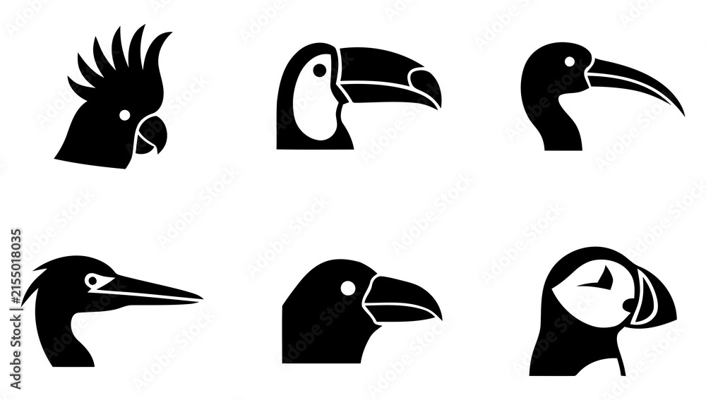 Naklejka premium Set of black and white bird head icons featuring various species including toucan parrot and puffin designs