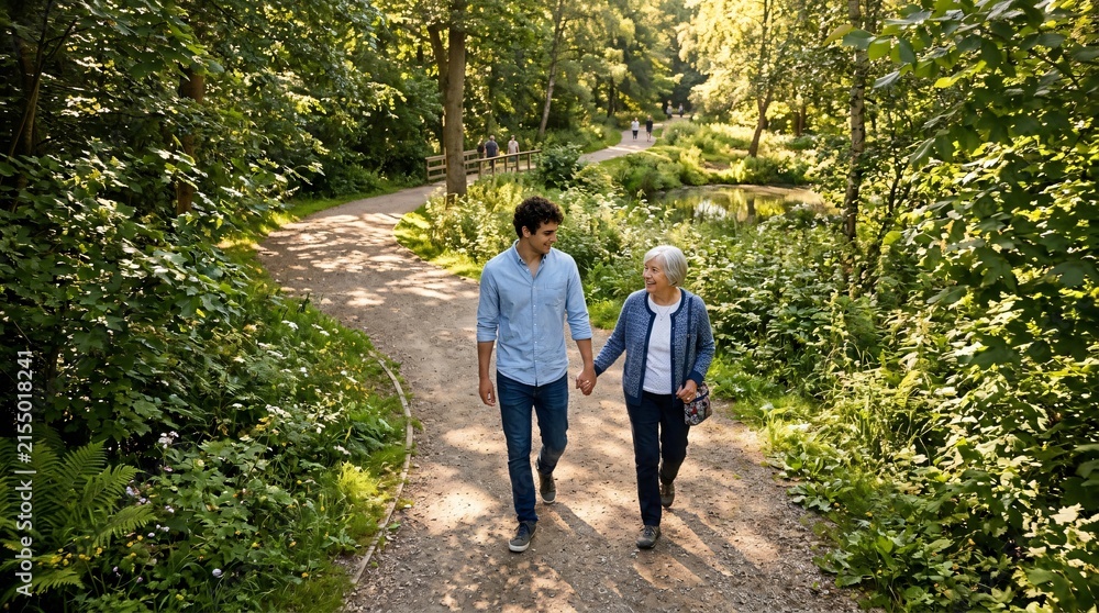 Fototapeta premium Young man holding hands with his happy grandmother while walking along a sunny park trail, celebrating intergenerational family love.