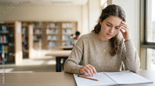Student looking confused at math while studying in a library  